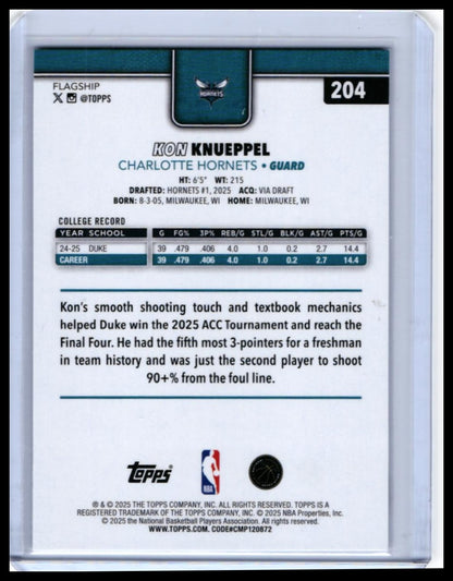2025-26 Topps Kon Knueppel RC #204 Charlotte Hornets Rookie Base — back
