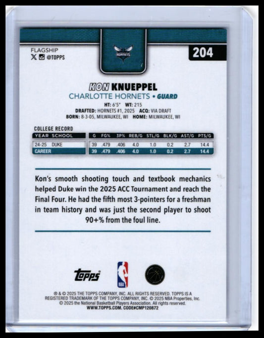 2025-26 Topps Kon Knueppel RC #204 Charlotte Hornets Rookie Base — back