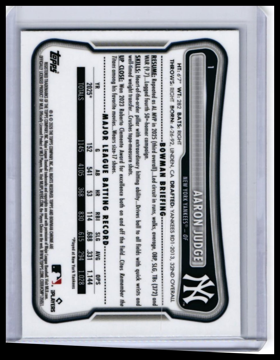 2025 Bowman Chrome Aaron Judge #182 Yankees Outfielder — back