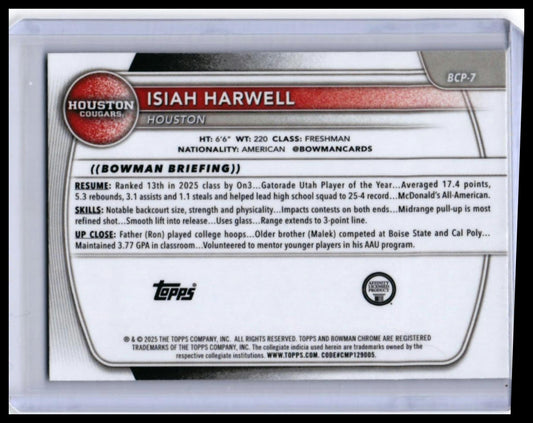 2025 Bowman Chrome University Isiah Harwell 1st Bowman RC #BCP-7 Houston Cougars — back