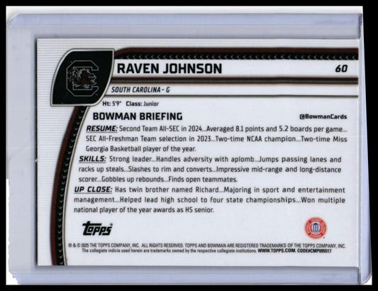 2025 Bowman Chrome University Raven Johnson RC #60 Green Refractor South Carolina — back