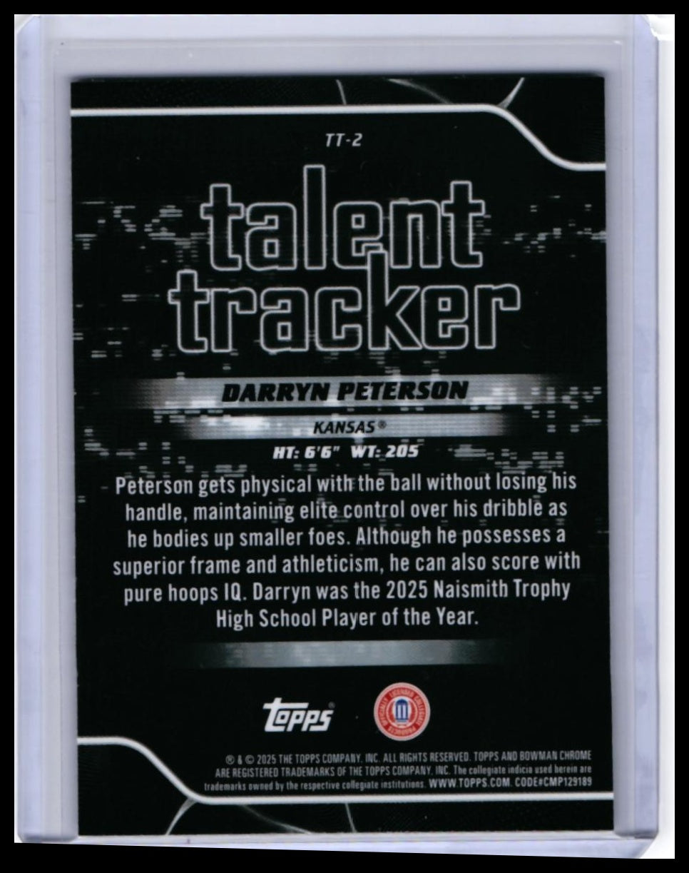 2025 Bowman Chrome University Talent Tracker Darryn Peterson #TT-2 Red Kansas RC — back