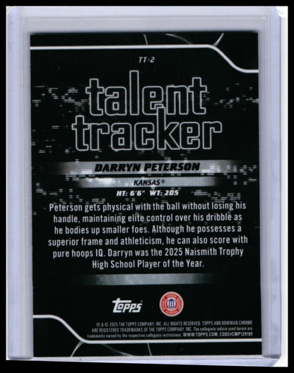 2025 Bowman Chrome University Talent Tracker Darryn Peterson #TT-2 Red Kansas RC — back