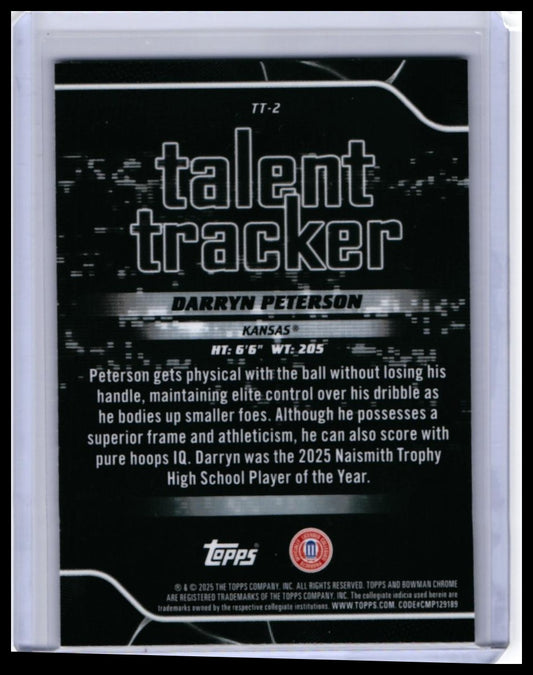 2025 Bowman Chrome University Talent Tracker Darryn Peterson #TT-2 Red Kansas RC — back