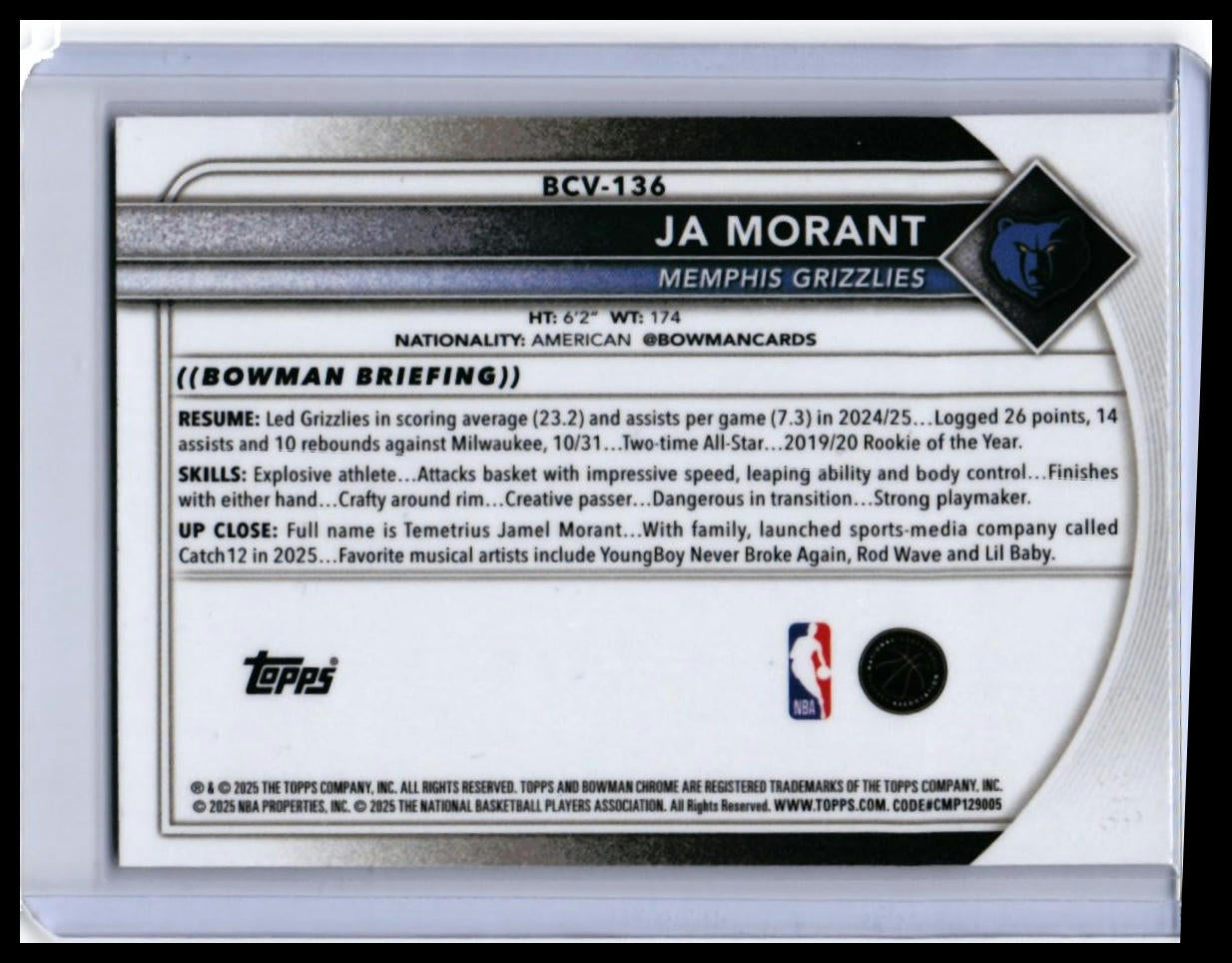 2025 Bowman Chrome Veterans Ja Morant #BCV-136 Refractor /399 Grizzlies — back