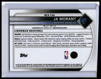 2025 Bowman Chrome Veterans Ja Morant #BCV-136 Refractor /399 Grizzlies — back