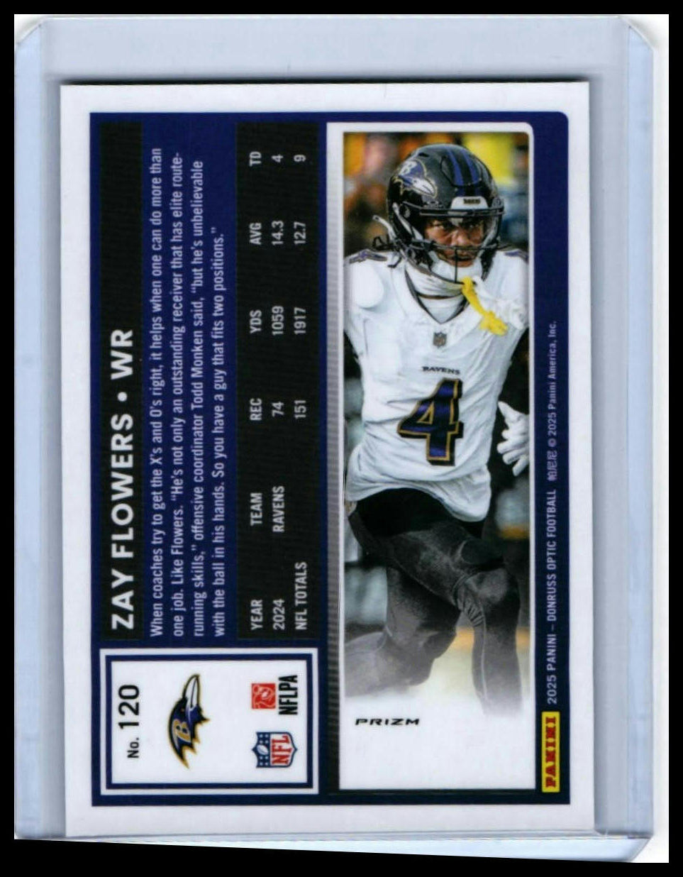 2025 Donruss Optic Zay Flowers #120 Holo Parallel Baltimore Ravens WR — back
