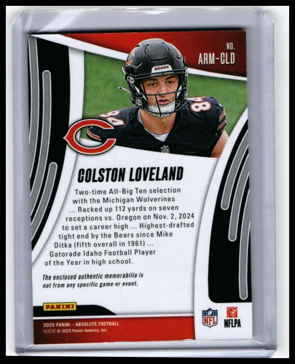 2025 Panini Absolute Colston Loveland RC Jersey Patch #ARM-CLD Bears Rookie — back