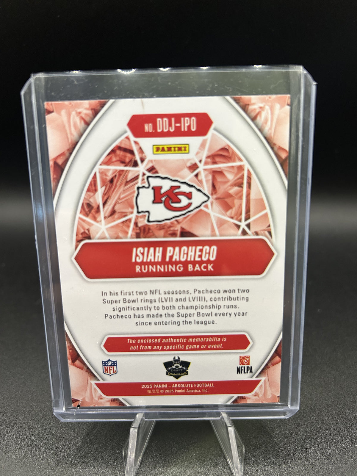 2025 Panini Absolute Draft Diamonds Isiah Pacheco #DDJ-IPO Red Jersey Relic — back