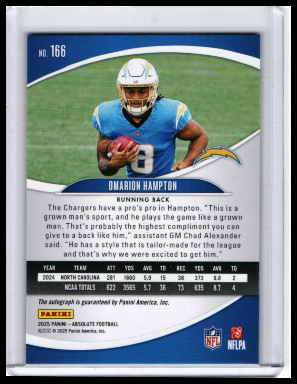 2025 Panini Absolute Omarion Hampton RC Auto #166 Green Blue /50 Chargers — back