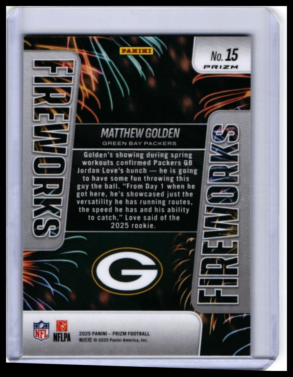 2025 Panini Prizm Fireworks Matthew Golden RC #15 Green Bay Packers Rookie — back