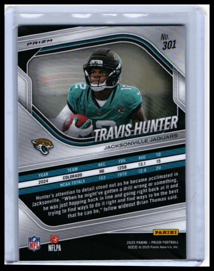 2025 Panini Prizm Travis Hunter RC #301 Silver Prizm Jacksonville Jaguars Rookie — back