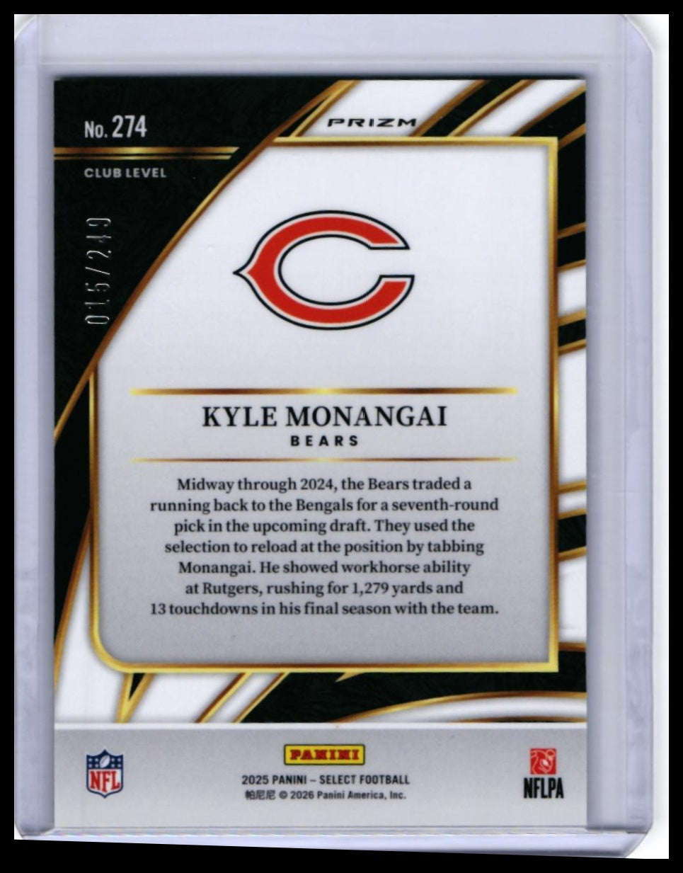2025 Panini Select Kyle Monangai RC #274 Club Level Gold /249 Bears Rookie — back