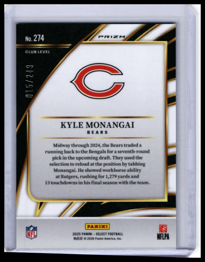 2025 Panini Select Kyle Monangai RC #274 Club Level Gold /249 Bears Rookie — back