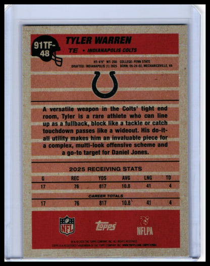 2025 Topps 1991 Topps Football Tyler Warren RC #91TF-48 Cracked Ice Colts — back