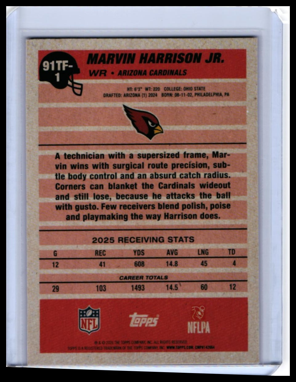 2025 Topps 35th Anniversary 1990 Design Marvin Harrison Jr. #91TF-1 Pink /1000 — back