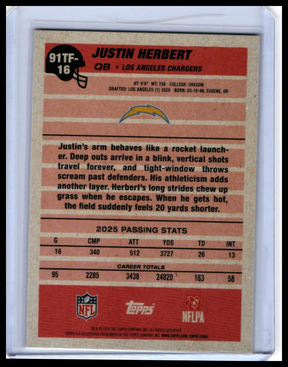 2025 Topps 35th Anniversary 1991 Design Justin Herbert #91TF-16 Chargers QB — back