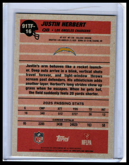 2025 Topps 35th Anniversary 1991 Design Justin Herbert #91TF-16 Chargers QB — back