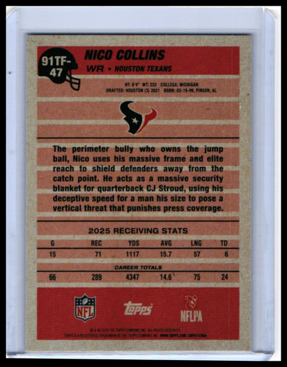 2025 Topps 35th Anniversary 1991 Design Nico Collins #91TF-47 Silver Foil Texans — back