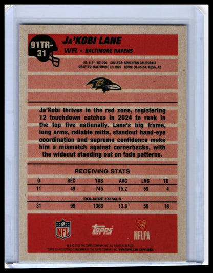 2025 Topps 35th Anniversary Ja'Kobi Lane RC #91TR-31 Gold Ravens WR — back