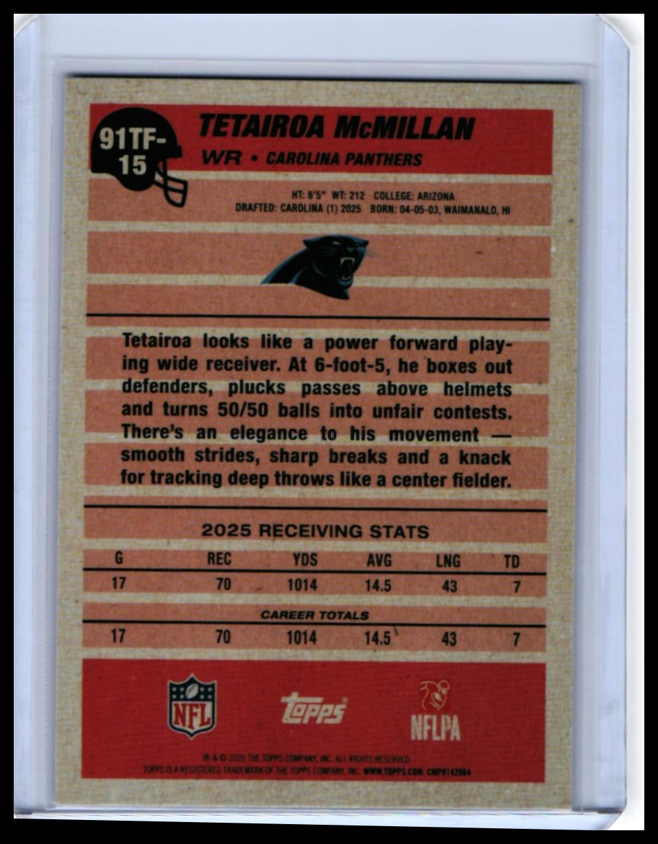 2025 Topps 35th Anniversary Tetairoa McMillan RC #91TF-15 Cracked Ice Panthers — back
