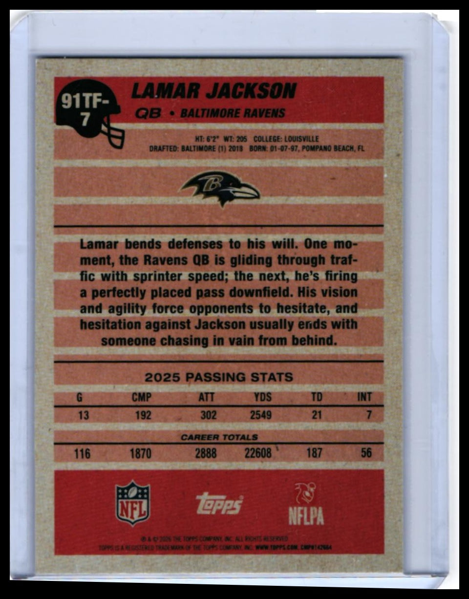 2025 Topps '91 Throwback Lamar Jackson #91TF-7 Cracked Ice Parallel Ravens QB — back