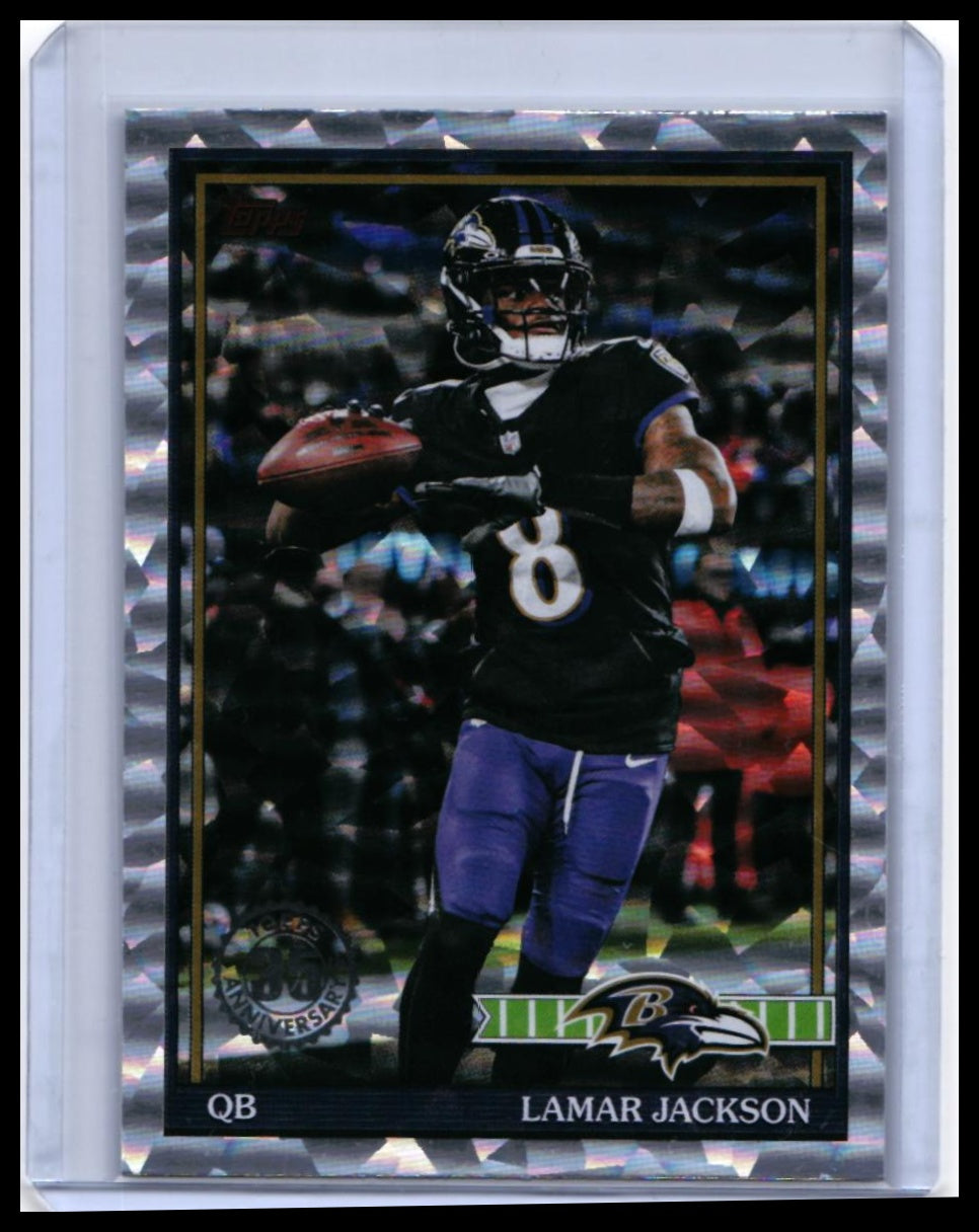 2025 Topps '91 Throwback Lamar Jackson #91TF-7 Cracked Ice Parallel Ravens QB — front
