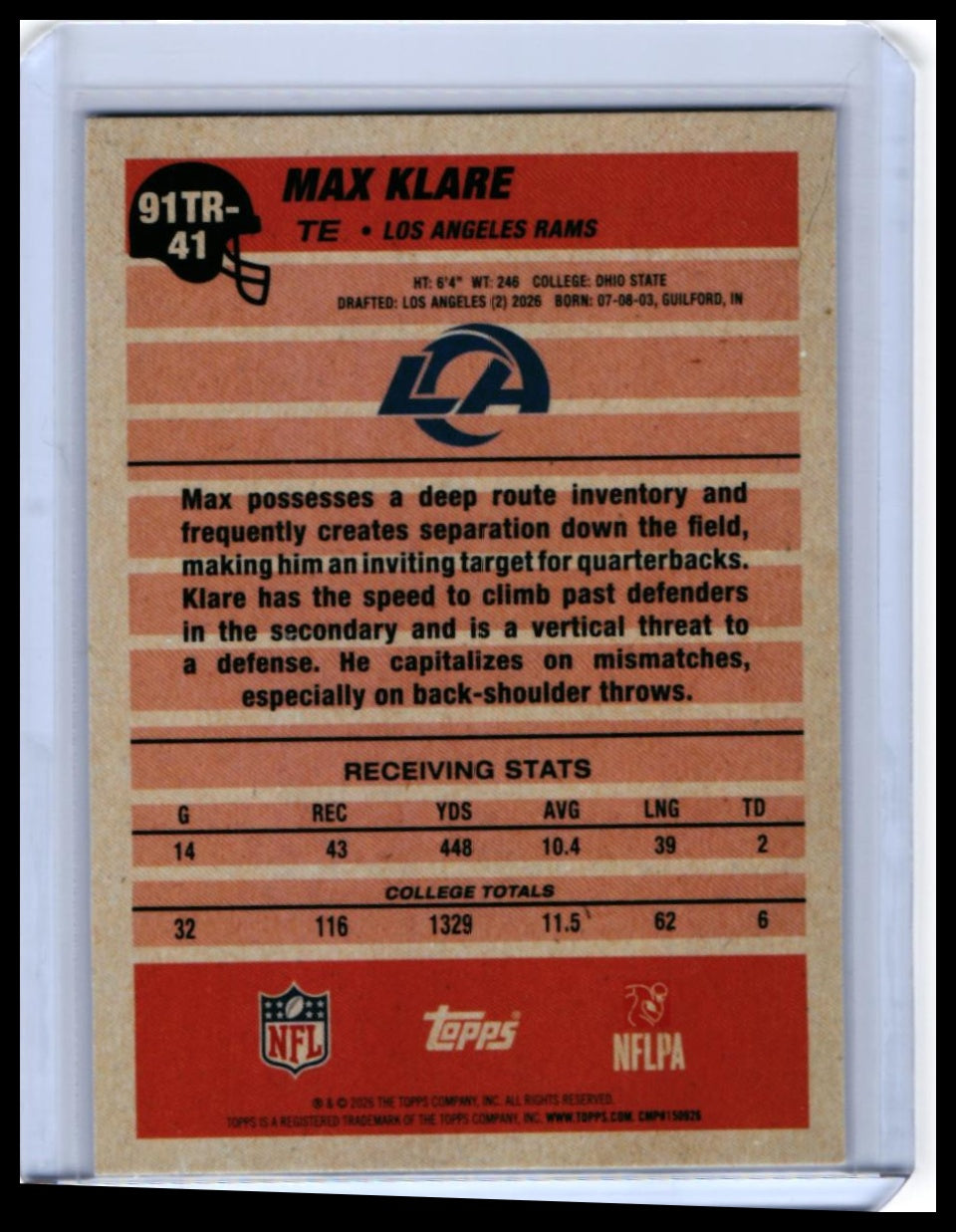 2025 Topps '91 Turkey Red Max Klare RC #91TR-41 Los Angeles Rams Rookie — back