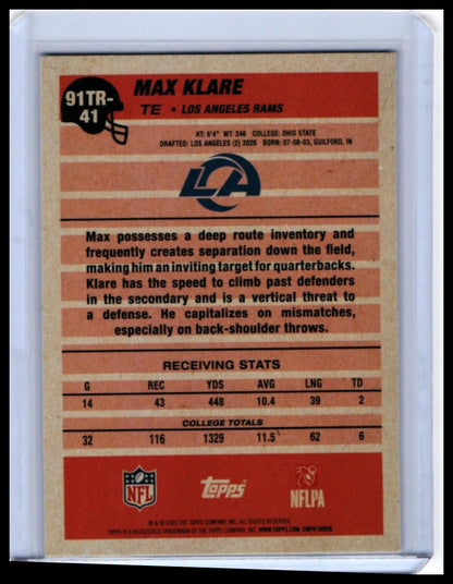 2025 Topps '91 Turkey Red Max Klare RC #91TR-41 Los Angeles Rams Rookie — back