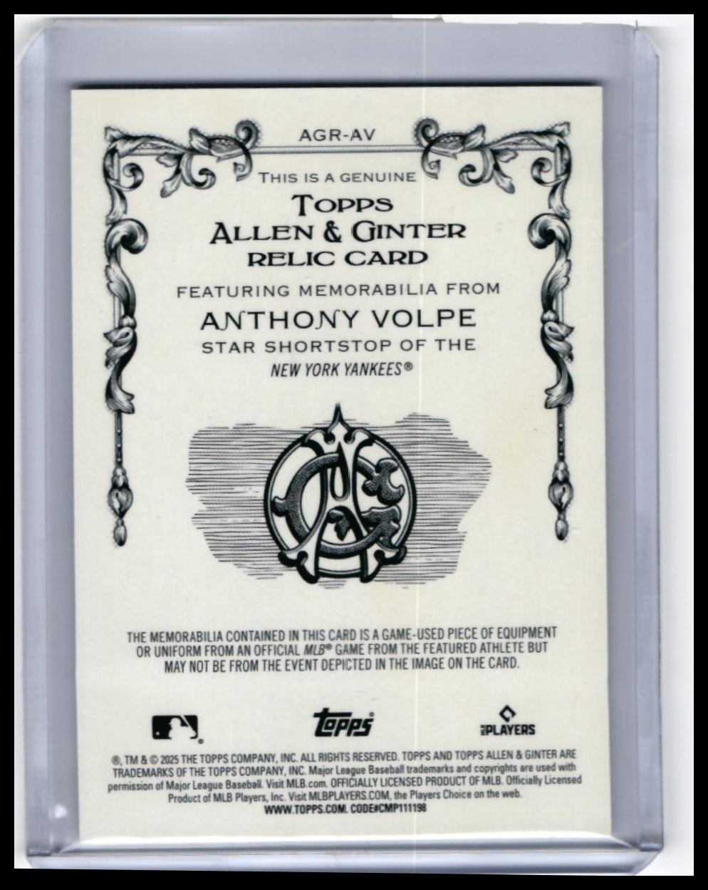 2025 Topps Allen & Ginter Anthony Volpe Game-Used Relic #AGR-AV Yankees — back