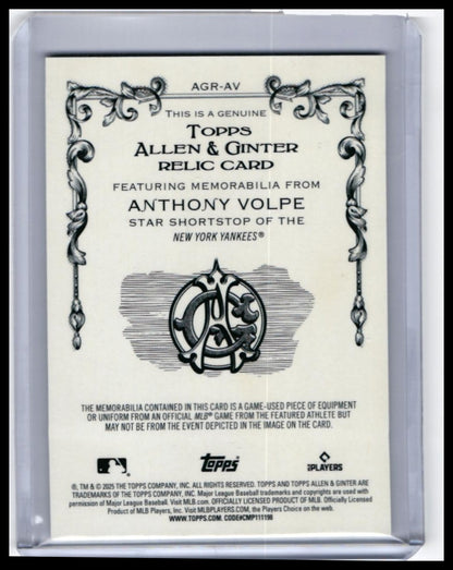 2025 Topps Allen & Ginter Anthony Volpe Game-Used Relic #AGR-AV Yankees — back