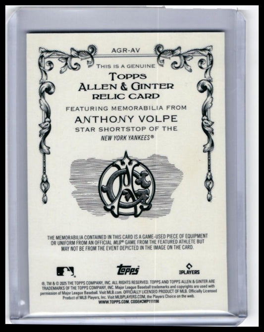 2025 Topps Allen & Ginter Anthony Volpe Game-Used Relic #AGR-AV Yankees — back