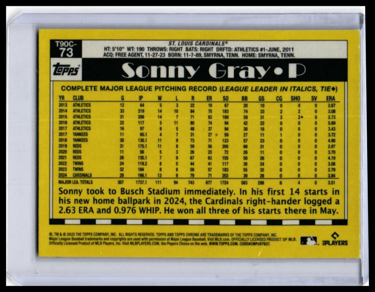 2025 Topps Chrome 1990 Baseball Sonny Gray #T90C-73 Red Refractor Cardinals — back