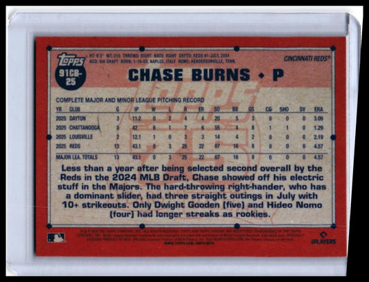 2025 Topps Chrome 1991 Chase Burns RC #91CB-25 Refractor Cincinnati Reds — back