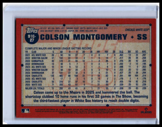 2025 Topps Chrome 75th Anniversary 1991 Design Colson Montgomery RC #91C-27 Blue Refractor White Sox — back