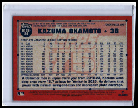 2025 Topps Chrome 75th Anniversary Kazuma Okamoto RC #91CB-24 Refractor Blue Jays — back