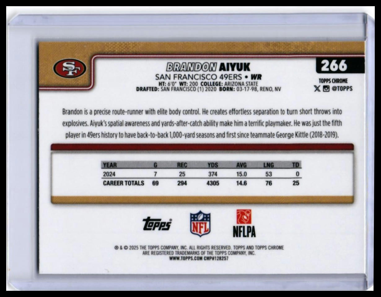 2025 Topps Chrome Brandon Aiyuk #266 Refractor San Francisco 49ers WR — back