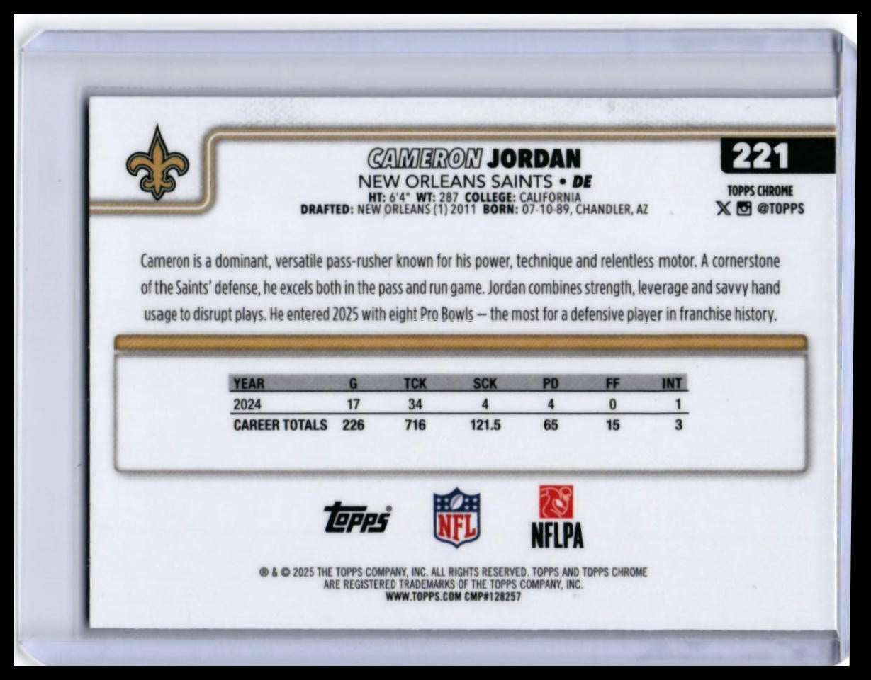 2025 Topps Chrome Cameron Jordan #221 Red Refractor Parallel Saints DE — back