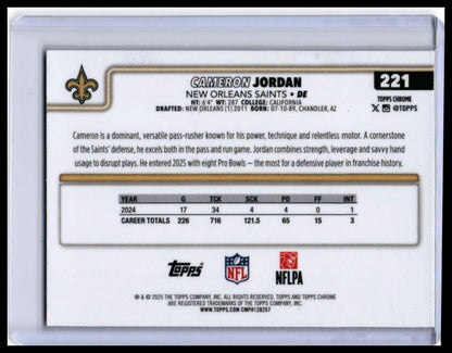 2025 Topps Chrome Cameron Jordan #221 Red Refractor Parallel Saints DE — back