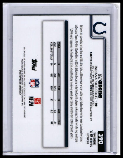 2025 Topps Chrome DJ Giddens RC #390 Refractor Indianapolis Colts Rookie — back