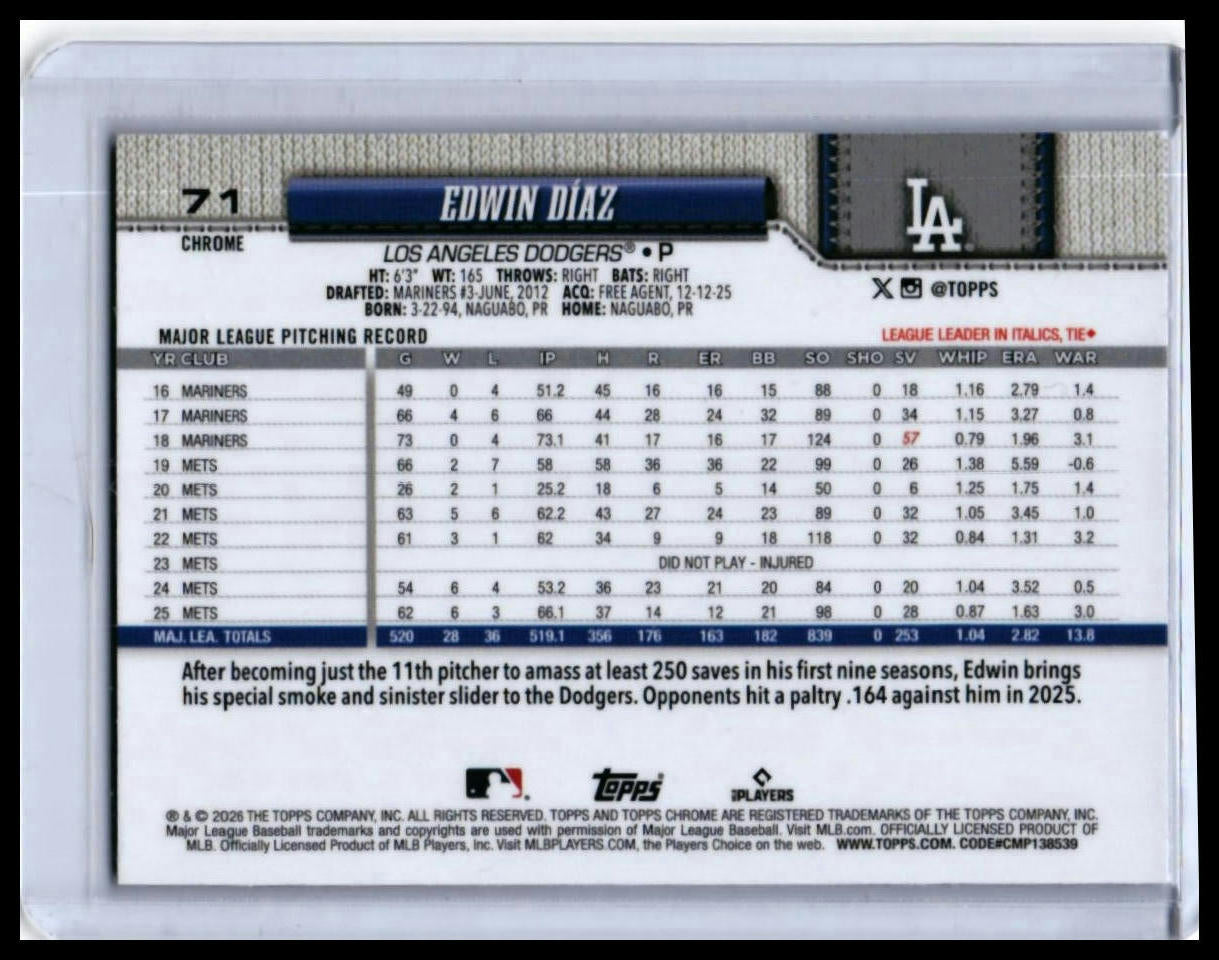 2025 Topps Chrome Edwin Díaz #71 Los Angeles Dodgers Pitcher — back