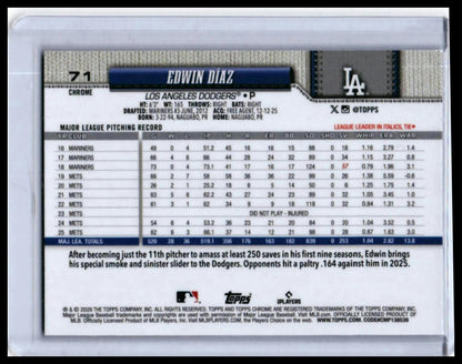2025 Topps Chrome Edwin Díaz #71 Los Angeles Dodgers Pitcher — back