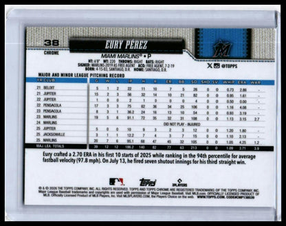 2025 Topps Chrome Eury Pérez #38 Miami Marlins Pitcher — back
