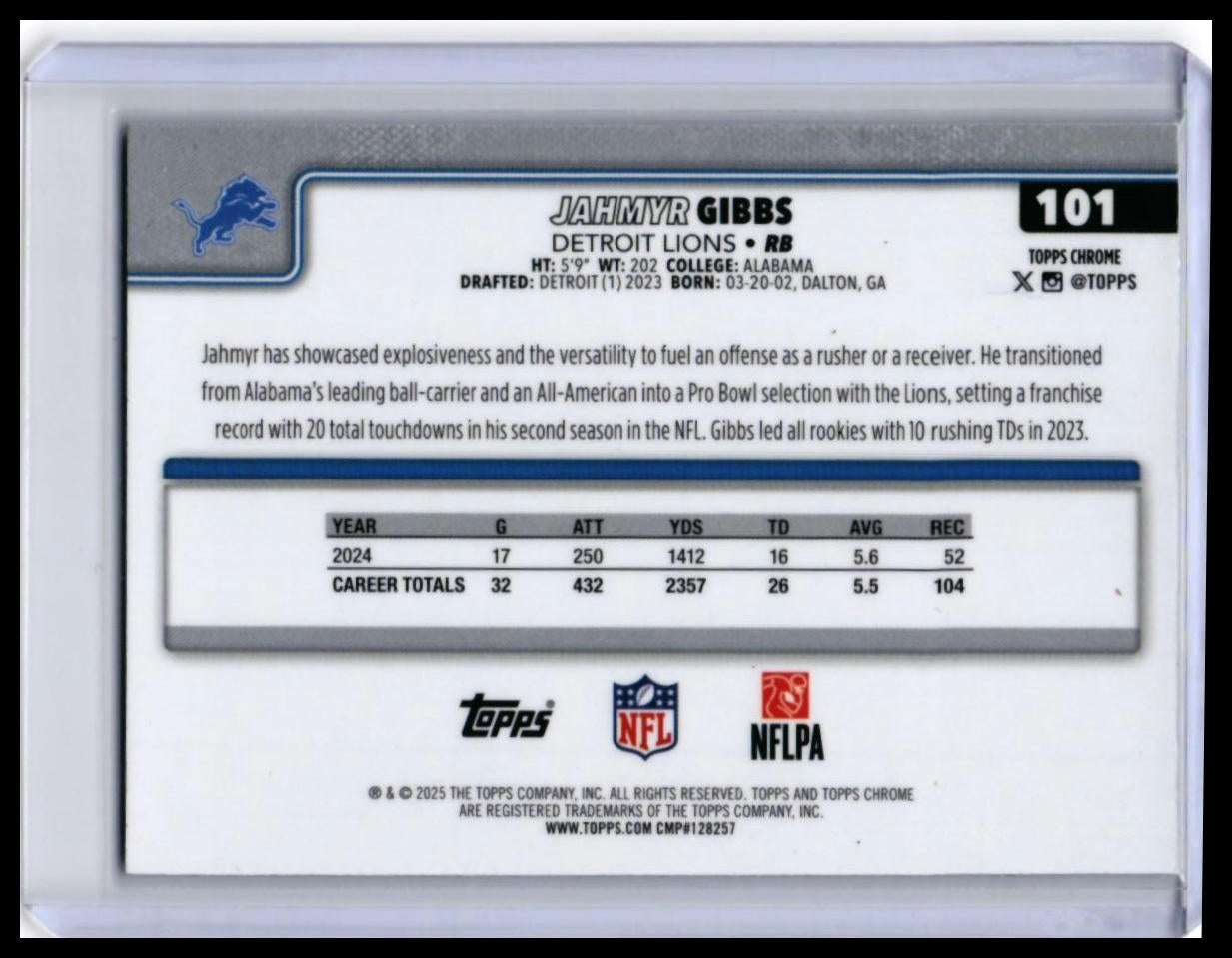 2025 Topps Chrome Jahmyr Gibbs #101 Blue Wave Refractor /150 Detroit Lions — back