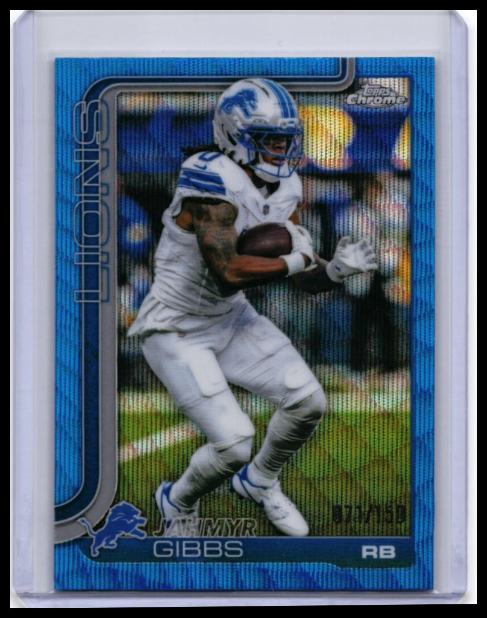 2025 Topps Chrome Jahmyr Gibbs #101 Blue Wave Refractor /150 Detroit Lions — front