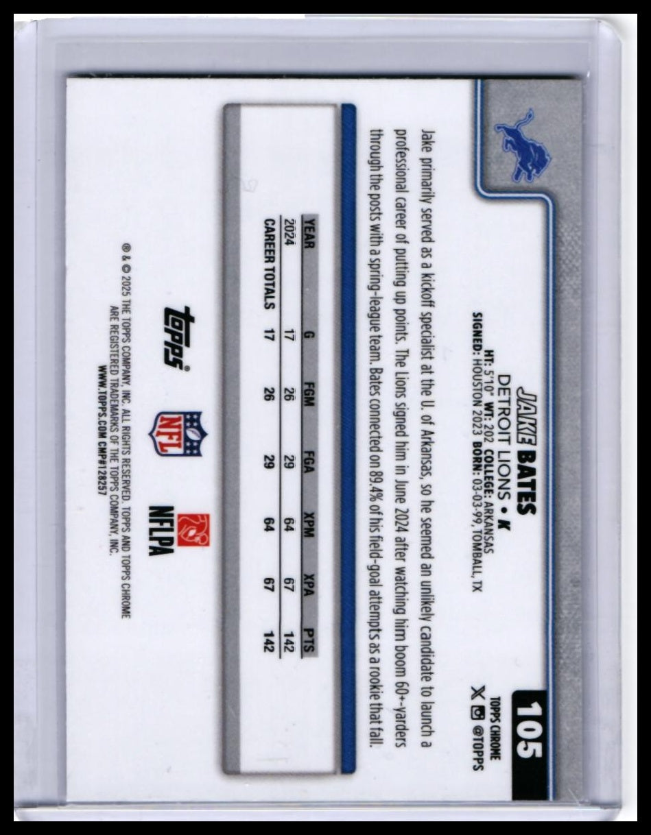 2025 Topps Chrome Jake Bates #105 X-Fractor Detroit Lions K — back