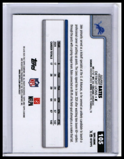 2025 Topps Chrome Jake Bates #105 X-Fractor Detroit Lions K — back