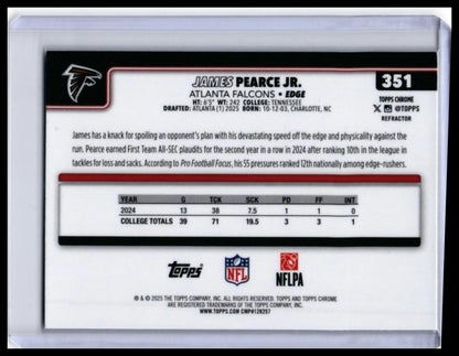 2025 Topps Chrome James Pearce Jr. RC #351 Refractor Rookie Atlanta Falcons — back