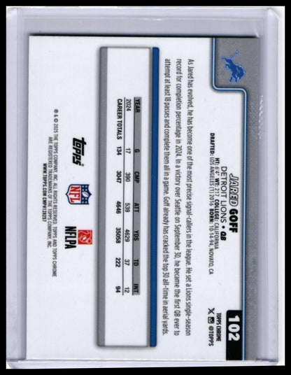2025 Topps Chrome Jared Goff #102 Pink Xfractor Parallel Detroit Lions QB — back