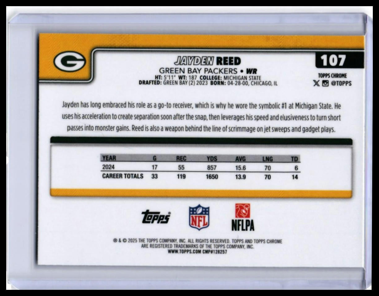 2025 Topps Chrome Jayden Reed #107 Refractor Parallel Green Bay Packers WR — back
